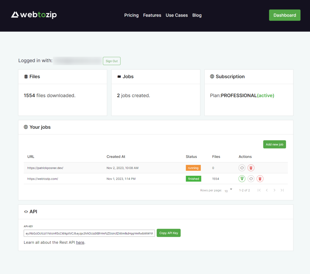 webtozip dashboard