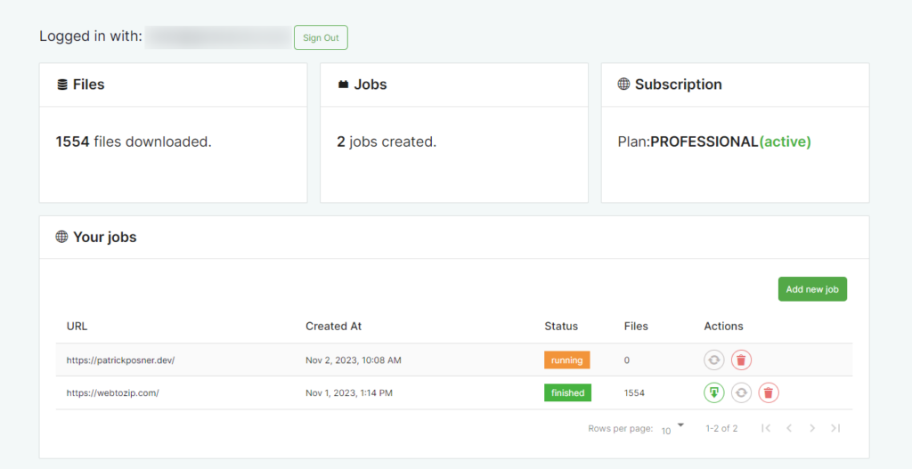 webtozip dashboard with finished job